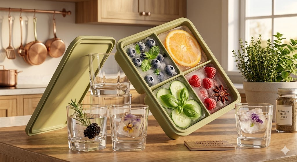 Reusable 4-Cube Large Silicone Ice Tray with Lid – Easy-Release Freezer Mold for Cocktails, Broth & Kitchen Organization