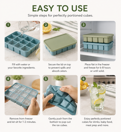 Large 12-Cube Silicone Ice Tray with Lid – Flexible Freezer Mold for Whiskey, Broth, and Meal Prep – Reusable, Dishwasher & Oven Safe