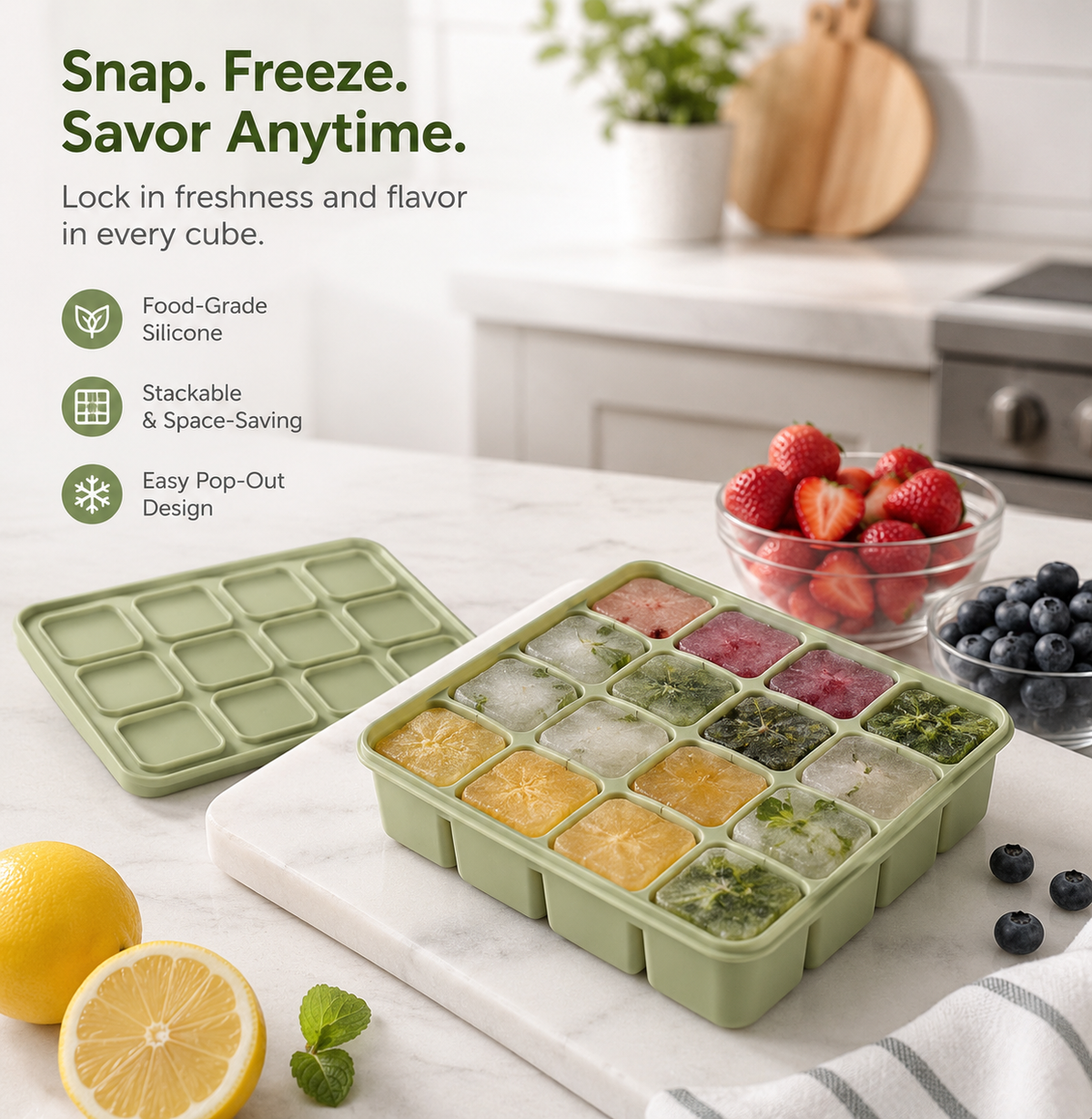 Large 12-Cube Silicone Ice Tray with Lid – Flexible Freezer Mold for Whiskey, Broth, and Meal Prep – Reusable, Dishwasher & Oven Safe