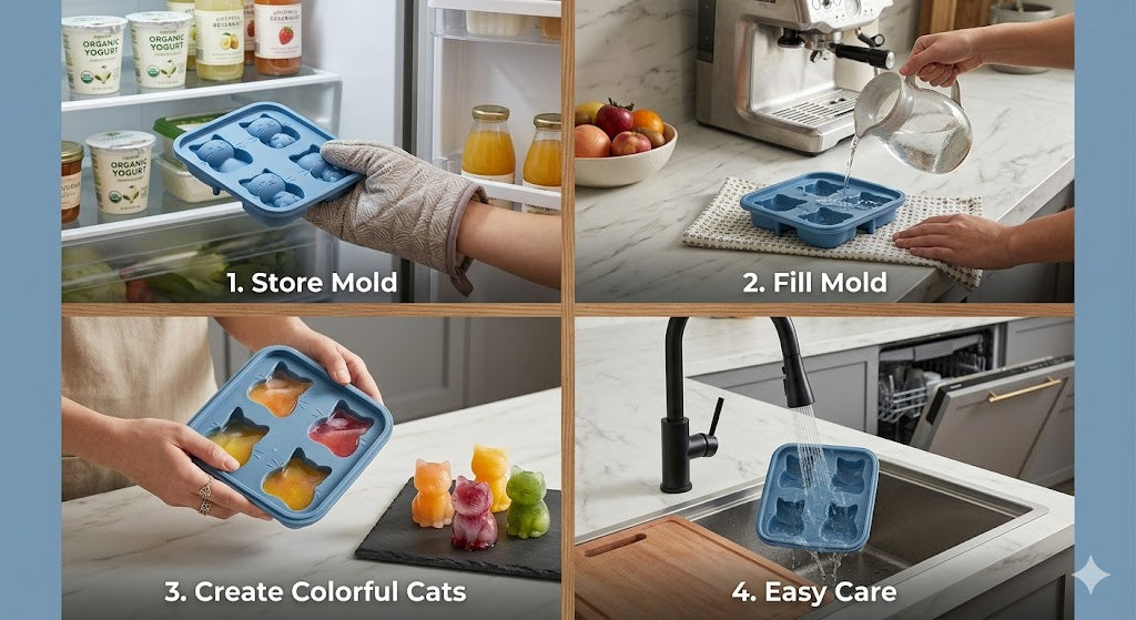 Flexible Food-Grade Silicone Ice Tray with Lid – Leak-Proof 4-Cube Cat Shape Mold for Whiskey, Meal Prep & Baking