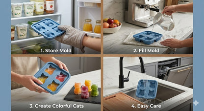 Flexible Food-Grade Silicone Ice Tray with Lid – Leak-Proof 4-Cube Cat Shape Mold for Whiskey, Meal Prep & Baking