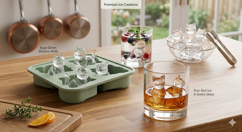 Flexible Food-Grade Silicone Ice Tray with Lid – Leak-Proof 4-Cube Cat Shape Mold for Whiskey, Meal Prep & Baking