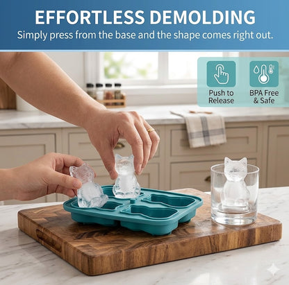 Flexible Food-Grade Silicone Ice Tray with Lid – Leak-Proof 4-Cube Cat Shape Mold for Whiskey, Meal Prep & Baking