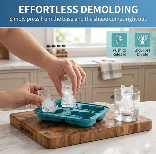 Flexible Food-Grade Silicone Ice Tray with Lid – Leak-Proof 4-Cube Cat Shape Mold for Whiskey, Meal Prep & Baking