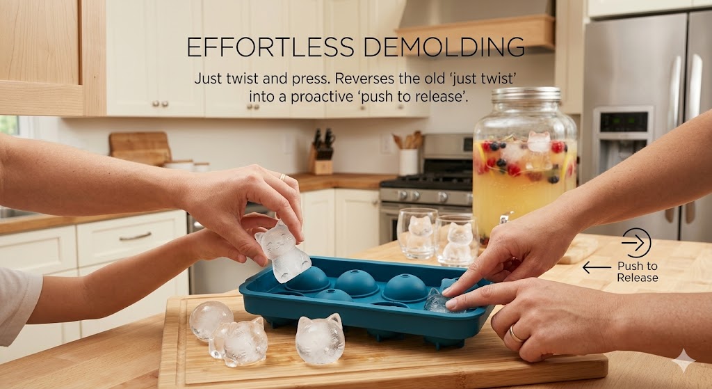 Flexible Food-Grade Silicone Ice Tray with Lid – Leak-Proof 4-Cube Cat Shape Mold for Whiskey, Meal Prep & Baking